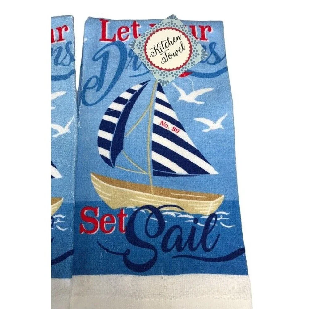 Sailboat Kitchen Dish Towels Potholder Oven Mitt Nautical Summer Beach Set of 4